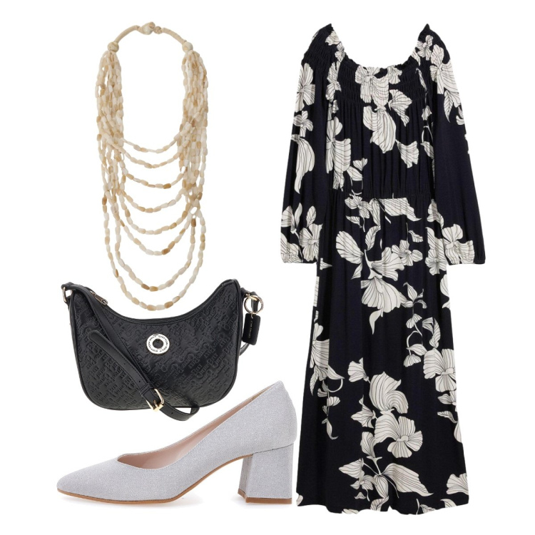 Outfit donna - Giugno. Stile Boho per Serata fuori. Abbinamento con vestiti, collane, décolleté, borse a tracolla.