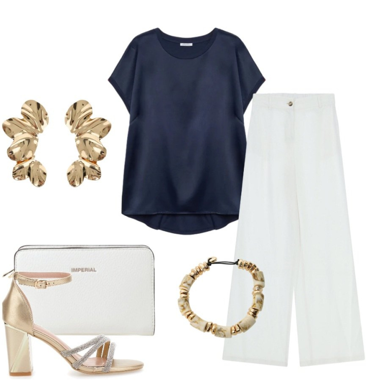 Outfit donna - Total look #2412836. Stile Casual chic per Tutti i giorni. Abbinamento con borse a tracolla, orecchini, braccialetti, pantaloni, bluse, sandali col tacco.