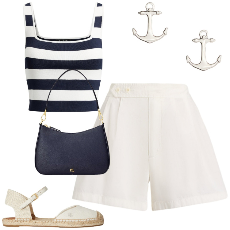 Outfit donna - Classic Ralph Lauren. Stile Casual chic per Tutti i giorni. Abbinamento con borse a spalla, top, shorts, espadrillas, orecchini.