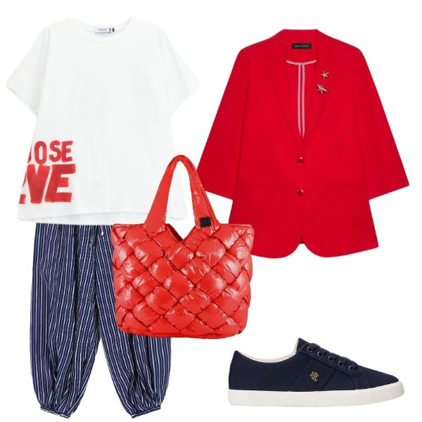 Outfit donna - Total look #2412843. Stile Mannish per Tutti i giorni. Abbinamento con t-shirt, pantaloni a palazzo, blazer, sneakers, borse tote.