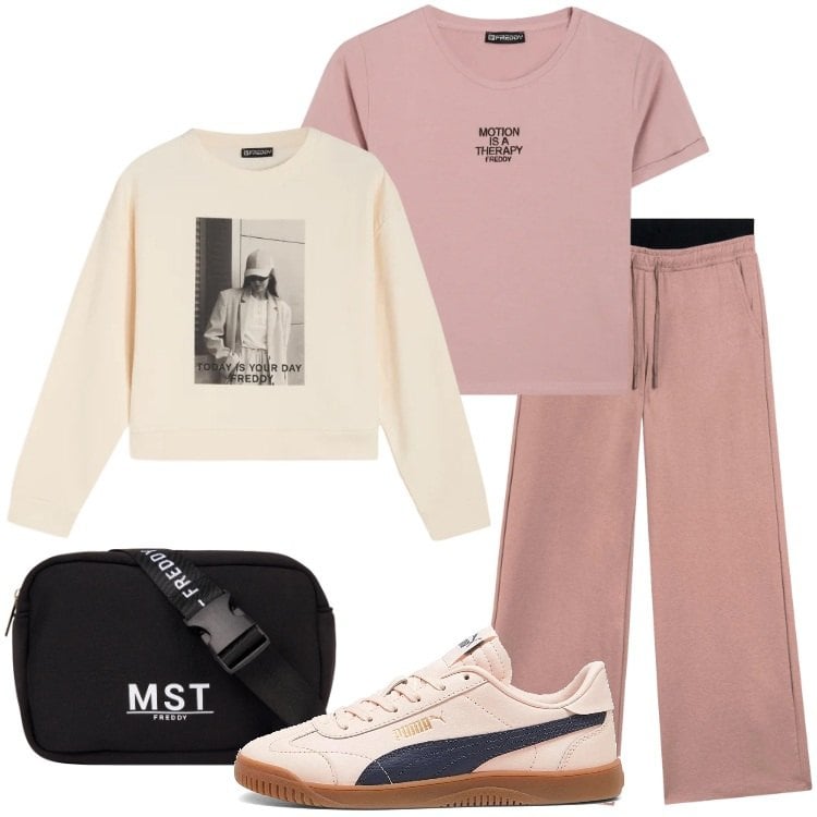 Outfit donna - Summer Energy. Stile Casual per Scuola/Università. Abbinamento con pantaloni, felpe, t-shirt, borse sportive, sneakers.