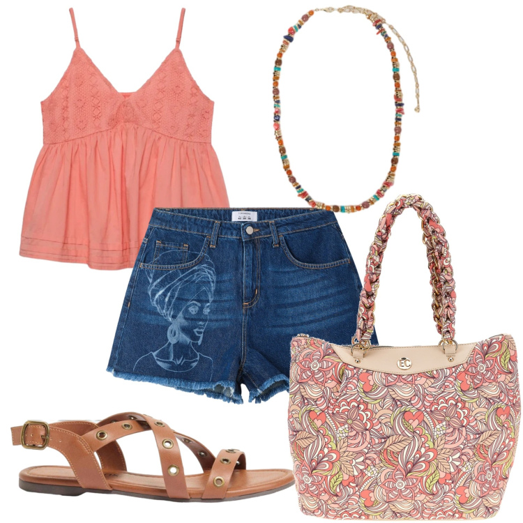 Outfit donna - Total look #2412846. Stile Boho per Tutti i giorni. Abbinamento con sandali, shorts, canottiere, collane, borse a spalla.