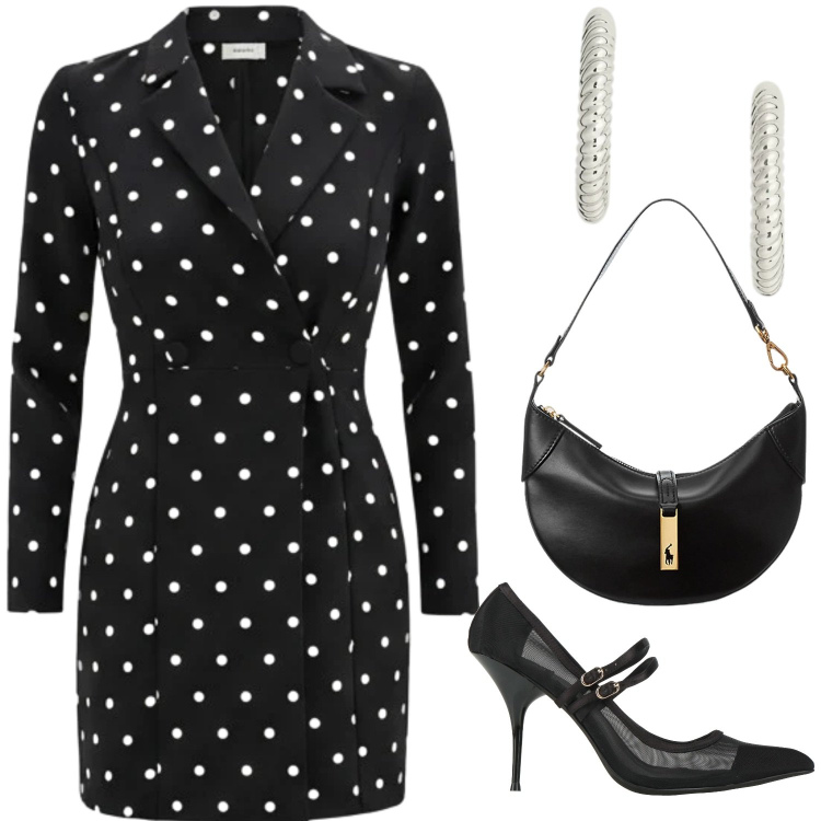Outfit donna - Nero pois. Stile Bon Ton per Serata fuori. Abbinamento con décolleté, vestiti corti, borse a spalla, orecchini.