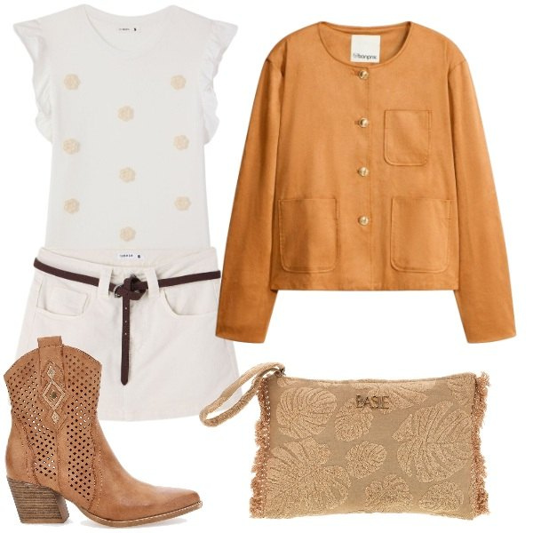 Outfit donna - Total look #2412852. Stile Etnico per Tutti i giorni. Abbinamento con blazer, t-shirt, minigonne, stivaletti texani, pochette.