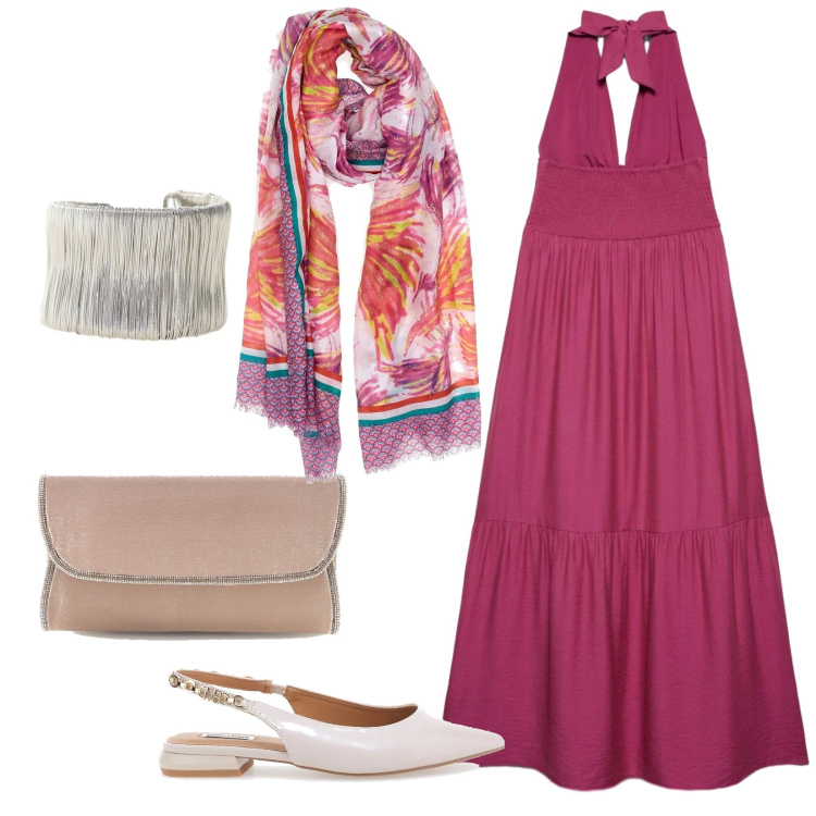 Outfit donna - Abito giorno/sera. Stile Romantica per Serata fuori. Abbinamento con vestiti lunghi, braccialetti, ballerine, pochette, sciarpe.