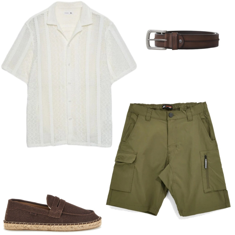 Outfit uomo - Look estivo. Stile Casual per Tutti i giorni. Abbinamento con camicie a manica corta, cinture, bermuda, espadrillas.