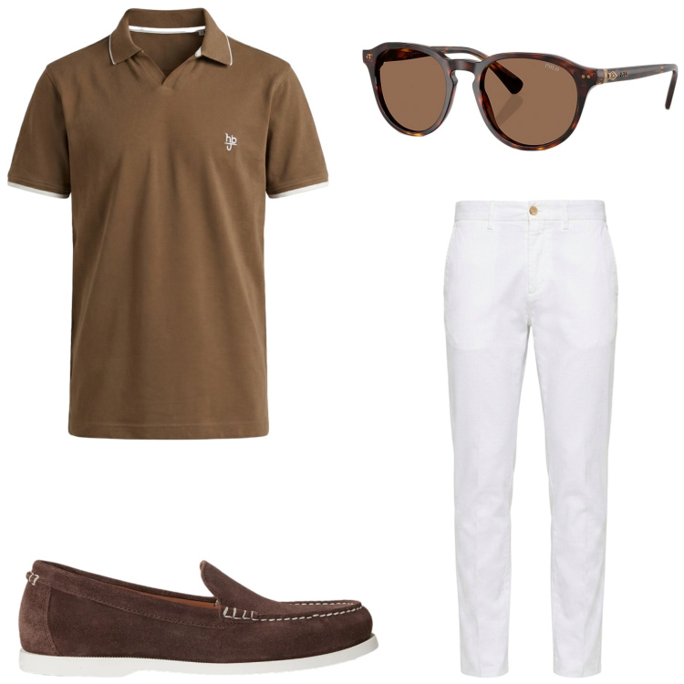 Outfit uomo - Casual chic. Stile Casual per Ufficio. Abbinamento con polo, pantaloni chino, scarpe stringate, occhiali da sole.