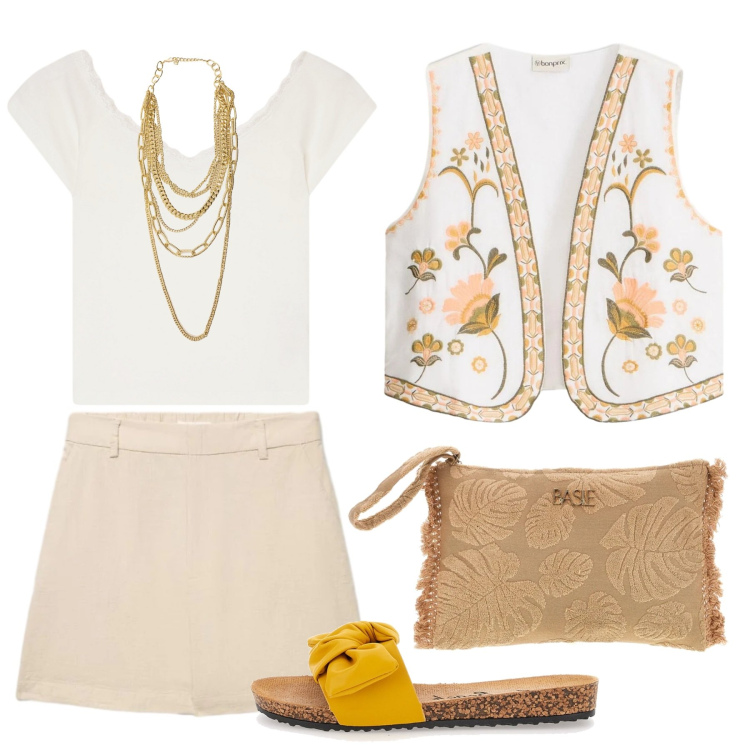 Outfit donna - Il gilet a fiori. Stile Casual chic per Tutti i giorni. Abbinamento con gilet, shorts, canottiere, collane, ciabatte, pochette.