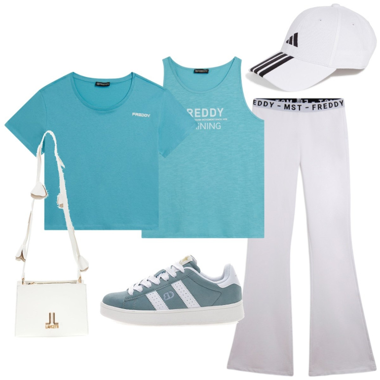 Outfit donna - Summer energy. Stile Casual chic per Tutti i giorni. Abbinamento con pantaloni, t-shirt, canottiere, sneakers, borse a tracolla, cappelli con visiera.