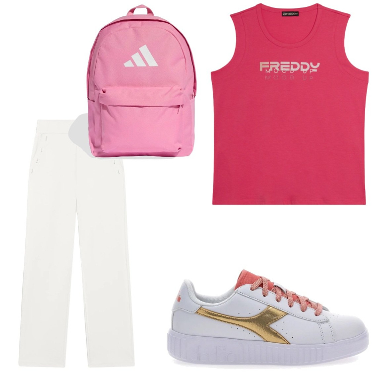Outfit donna - Al parco. Stile Sporty chic per Sport. Abbinamento con pantaloni, canottiere, sneakers, zaini.