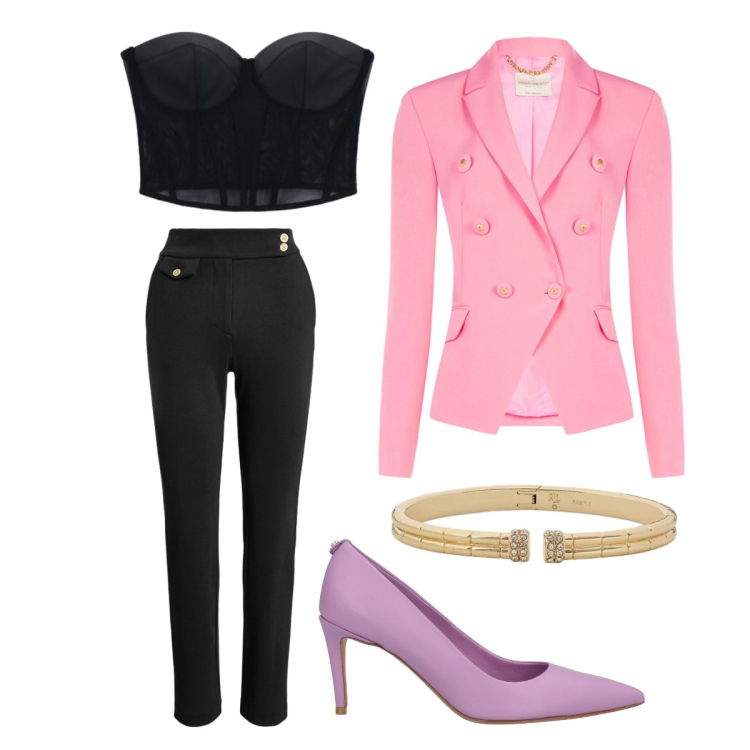 Outfit donna - Let’s go party. Stile Rock per Serata fuori. Abbinamento con décolleté, top, blazer, pantaloni, braccialetti.