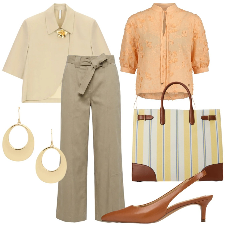 Outfit donna - Eleganza in città. Stile Bon Ton per Tutti i giorni. Abbinamento con blazer, pantaloni, bluse, décolleté, borse tote, orecchini.