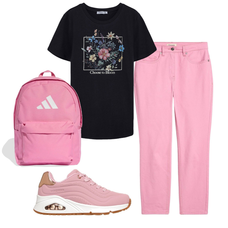 Outfit donna - Total look #2412876. Stile Casual per Scuola/Università. Abbinamento con pantaloni, t-shirt, sneakers alte, zaini.