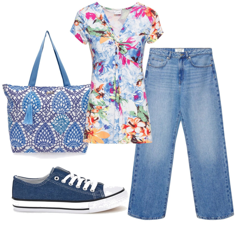 Outfit donna - Total look #2412878. Stile Casual per Tutti i giorni. Abbinamento con bluse, jeans dritti, sneakers, shopping bag.