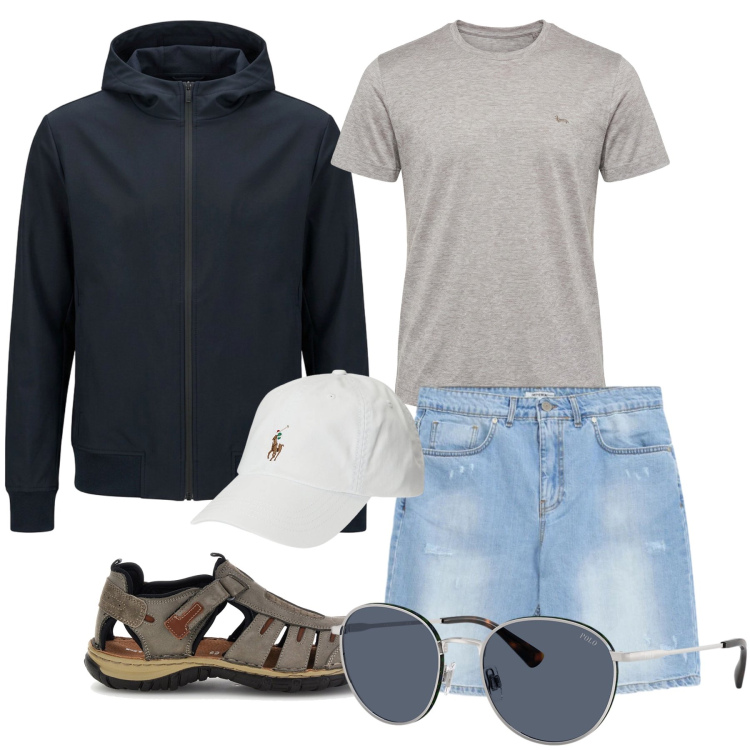 Outfit uomo - Una giornata di sole. Stile Trendy per Tutti i giorni. Abbinamento con bermuda, t-shirt, cappelli, occhiali da sole, bomber, sandali.
