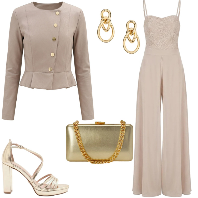 Outfit donna - Cerimonia a giugno. Stile Chic per Cerimonia. Abbinamento con tute, giacche, sandali col tacco, clutch, orecchini.