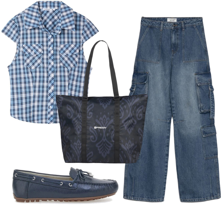 Outfit donna - Total look #2412888. Stile Casual per Tutti i giorni. Abbinamento con camicie a manica corta, jeans, shopping bag, mocassini.