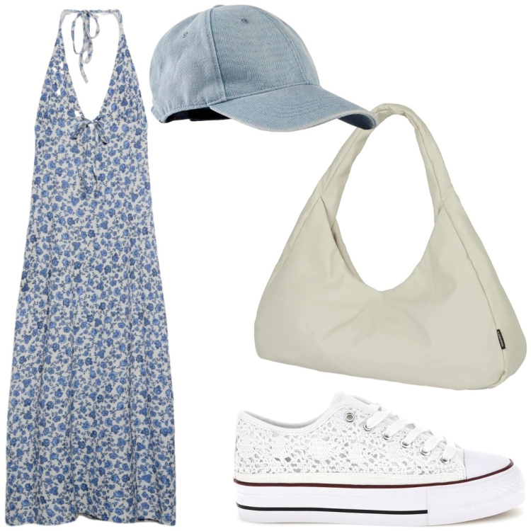 Outfit donna - Fiorellini blu. Stile Casual per Tutti i giorni. Abbinamento con cappelli con visiera, vestiti lunghi, borse a spalla, sneakers.