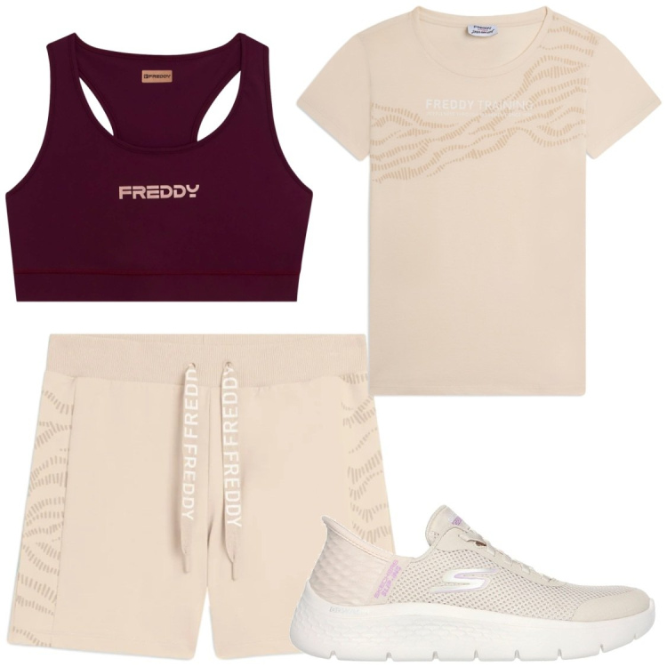Outfit donna - Sport con Freddu. Stile Sporty chic per Sport. Abbinamento con t-shirt, shorts, top sportivi, scarpe sportive.
