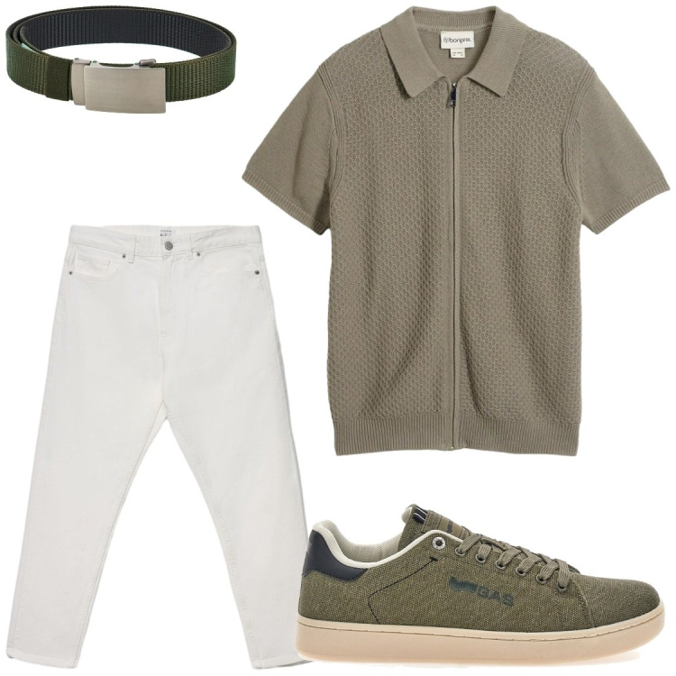 Outfit uomo - La polo con cerniera. Stile Casual per Serata speciale. Abbinamento con polo, jeans, sneakers, cinture.