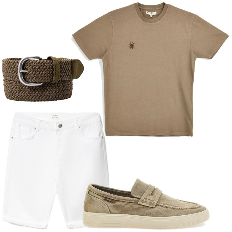 Outfit uomo - Profumo di serate estive. Stile Trendy per Serata speciale. Abbinamento con bermuda, cinture, scarpe stringate, t-shirt.