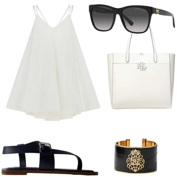Outfit donna - Estate in città. Stile Trendy per Tutti i giorni. Abbinamento con vestiti corti, sandali in pelle, occhiali da sole, borse tote, braccialetti.