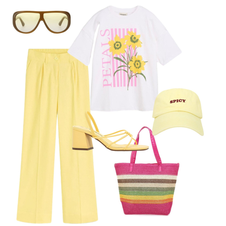 Outfit donna - Lemon Garden Style. Stile Casual chic per Tutti i giorni. Abbinamento con sandali col tacco, pantaloni a palazzo, t-shirt, cappelli con visiera, occhiali da sole, shopping bag.