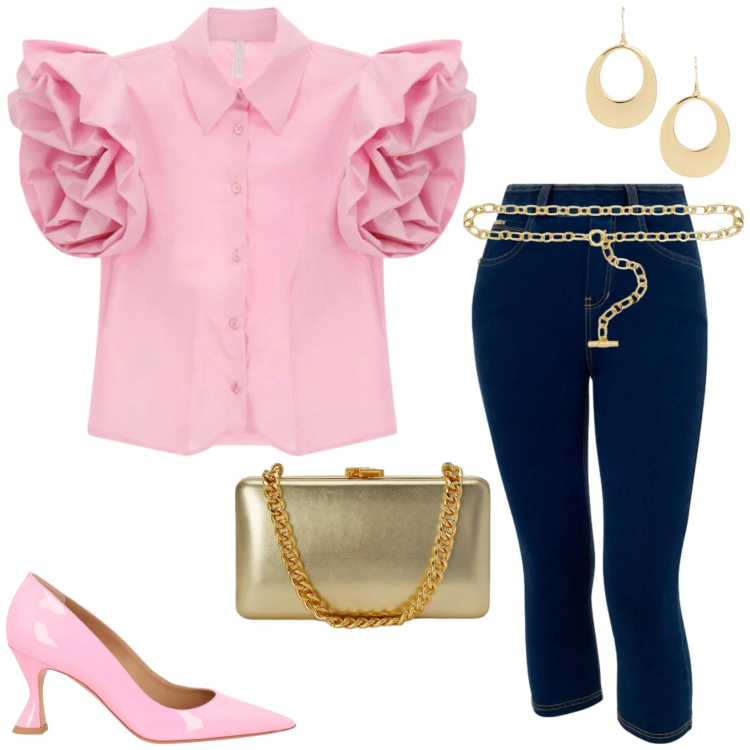 Outfit donna - L\'outfit originale per una serata fuori. Stile Trendy per Serata fuori. Abbinamento con décolleté, camicie a manica corta, jeans skinny, clutch, cinture, orecchini.