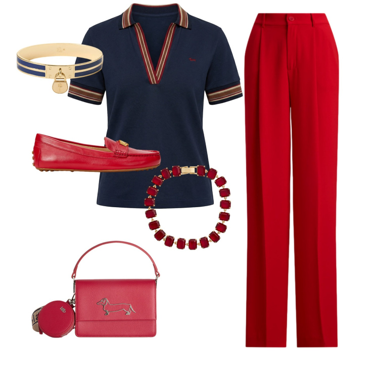 Outfit donna - Rosso Passione & Blu Navy. Stile Chic per Serata fuori. Abbinamento con polo, borse a tracolla, mocassini, braccialetti, braccialetti con ciondoli, pantaloni.