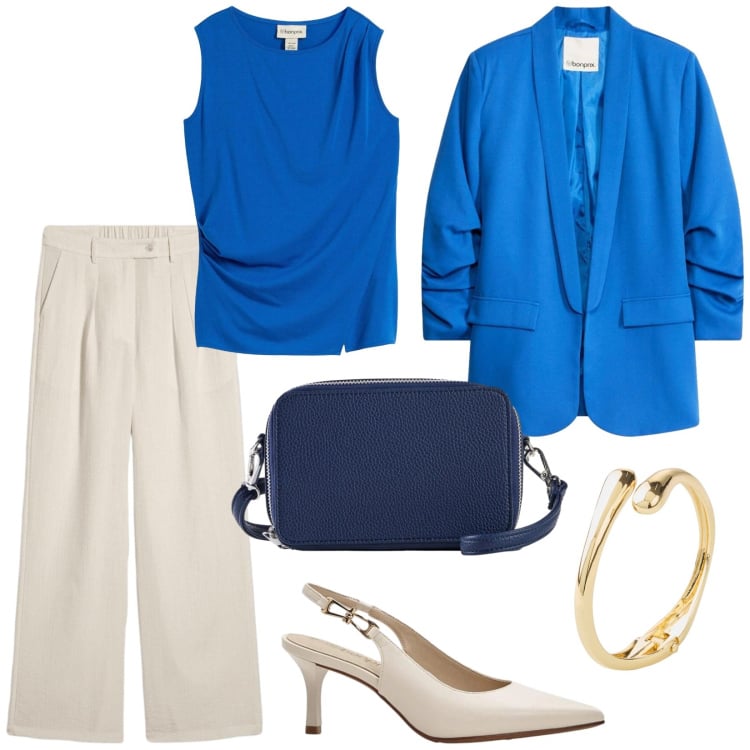 Outfit donna - Blazer azzurro. Stile Chic per Ufficio. Abbinamento con top, pantaloni, blazer, décolleté, borse a tracolla, braccialetti.