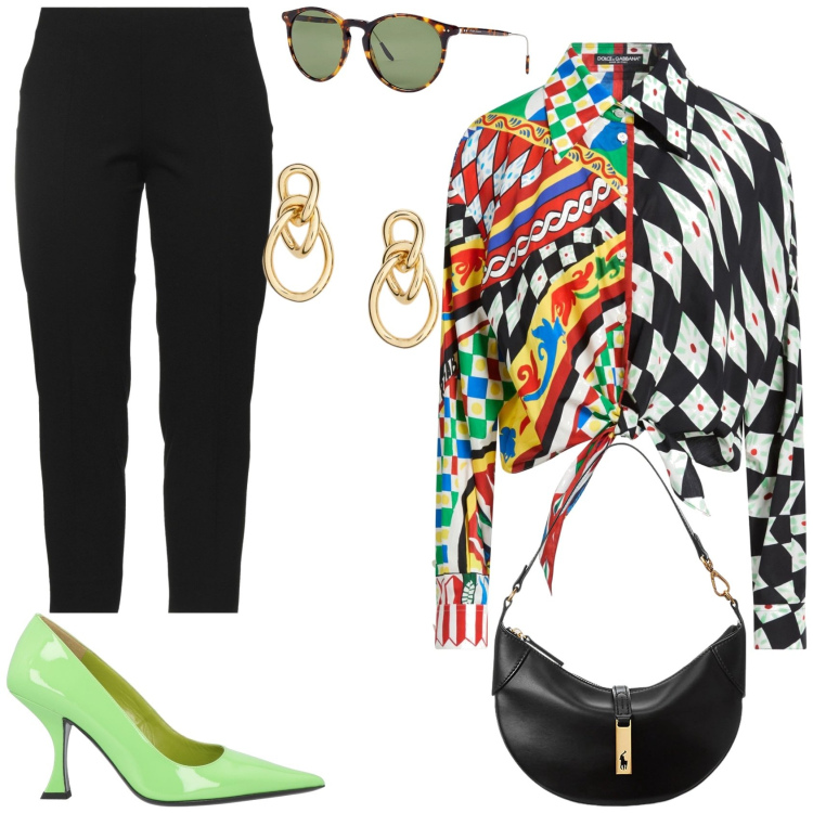 Outfit donna - La camicia Dolce & Gabbana. Stile Glamour per Serata fuori. Abbinamento con décolleté, camicie, pantaloni, borse a spalla, occhiali da sole, orecchini.