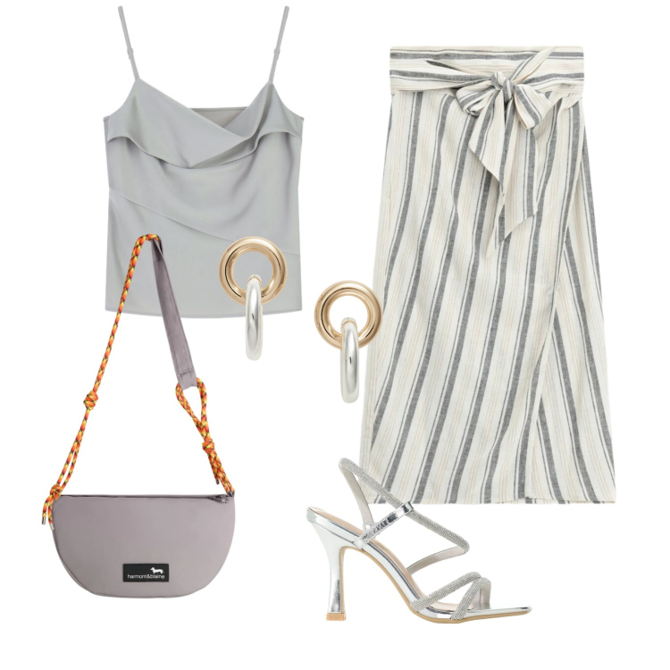 Outfit donna - Silver Breeze Elegance. Stile Chic per Cerimonia. Abbinamento con canottiere, sandali col tacco, borse a tracolla, gonne longuette, orecchini.