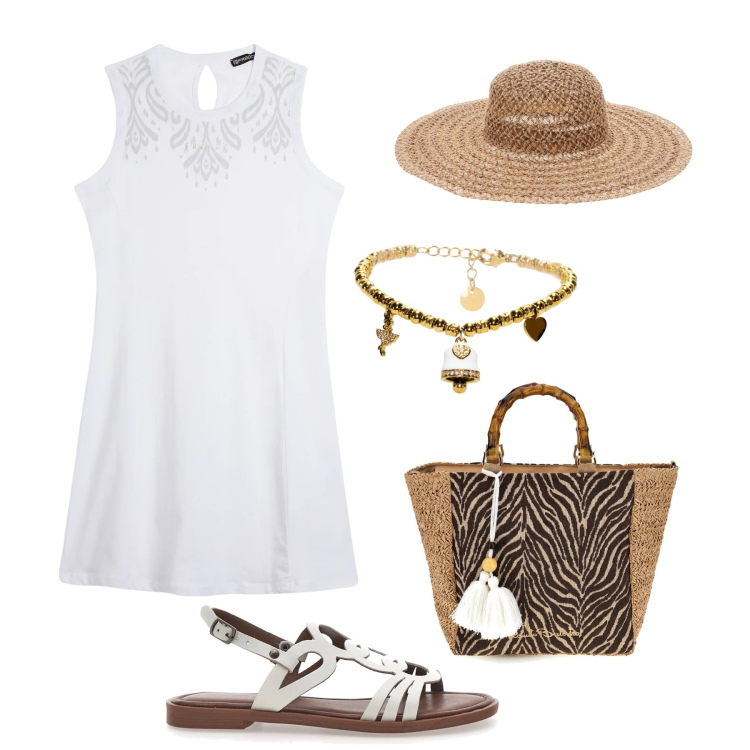 Outfit donna - White energy. Stile Casual per Tutti i giorni. Abbinamento con vestiti midi/longuette, braccialetti, sandali, borse a mano, cappelli.
