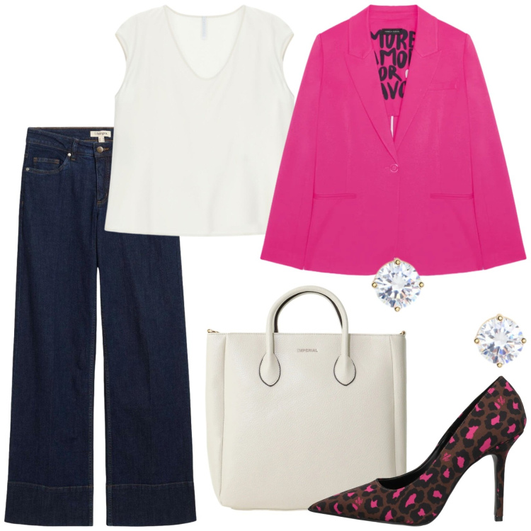 Outfit donna - Total look #2412910. Stile Trendy per Ufficio. Abbinamento con décolleté, jeans, top, borse a tracolla, blazer, orecchini.