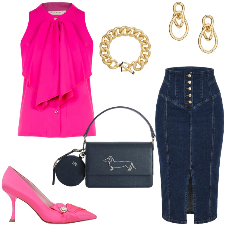 Outfit donna - Apericena. Stile Glamour per Serata fuori. Abbinamento con décolleté, gonne longuette, canottiere, borse a tracolla, orecchini, braccialetti.