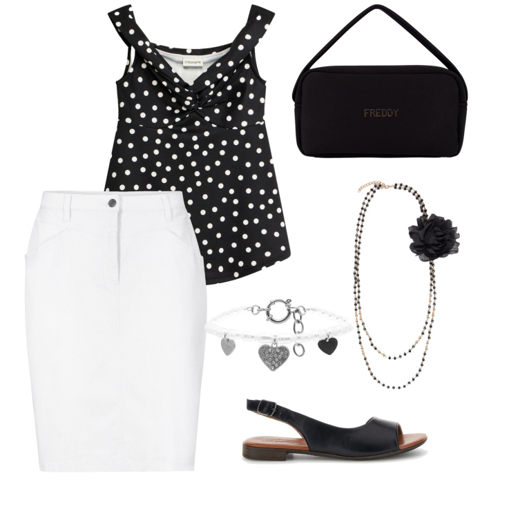 Outfit donna - Pois d’Eleganza. Stile Romantica per Serata fuori. Abbinamento con gonne, canottiere, braccialetti, borse a mano, collane, sandali in pelle.