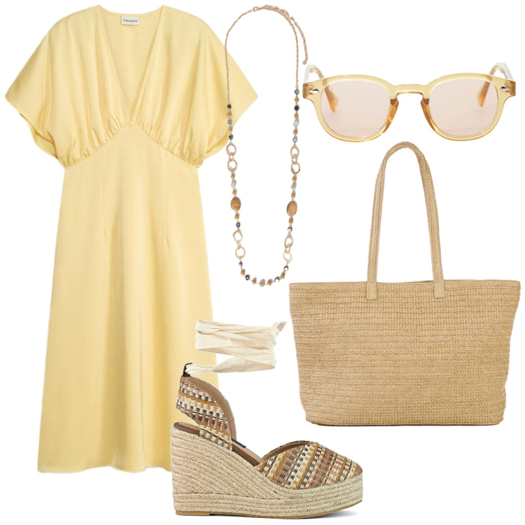 Outfit donna - Giallo solare. Stile Etnico per Tutti i giorni. Abbinamento con vestiti midi/longuette, shopping bag, occhiali da sole, collane, zeppe.