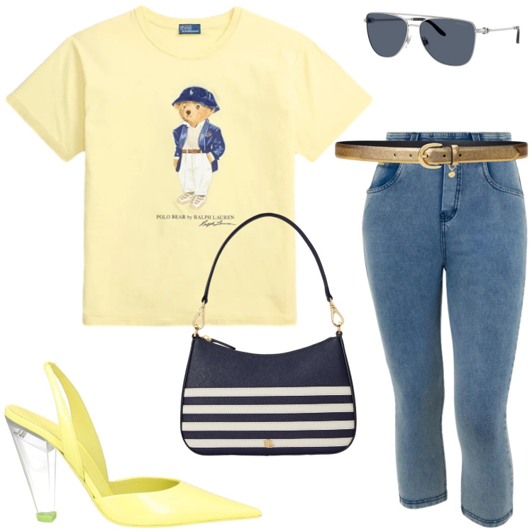 Outfit donna - Un Urban outfit per l\'estate. Stile Glamour per Serata fuori. Abbinamento con décolleté, jeans skinny, t-shirt, cinture, borse a spalla, occhiali da sole.