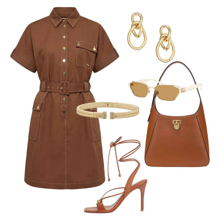 Outfit donna - Caramel Luxe Elegance. Stile Chic per Ufficio. Abbinamento con vestiti chemisier, braccialetti, borse a spalla, orecchini, sandali in pelle, occhiali da sole.