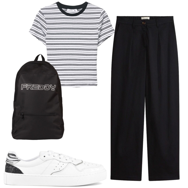 Outfit donna - Total look #2412918. Stile Urban per Tutti i giorni. Abbinamento con pantaloni, t-shirt, zaini, sneakers.