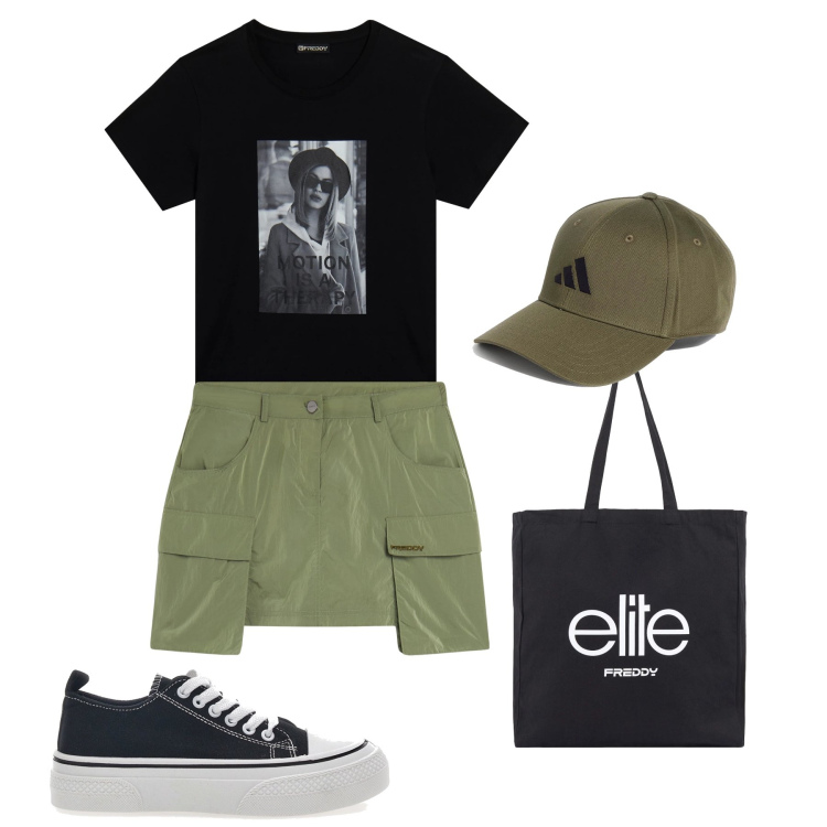 Outfit donna - Estate urbana Freddy. Stile Urban per Tutti i giorni. Abbinamento con minigonne, shopping bag, t-shirt, sneakers, cappelli con visiera.