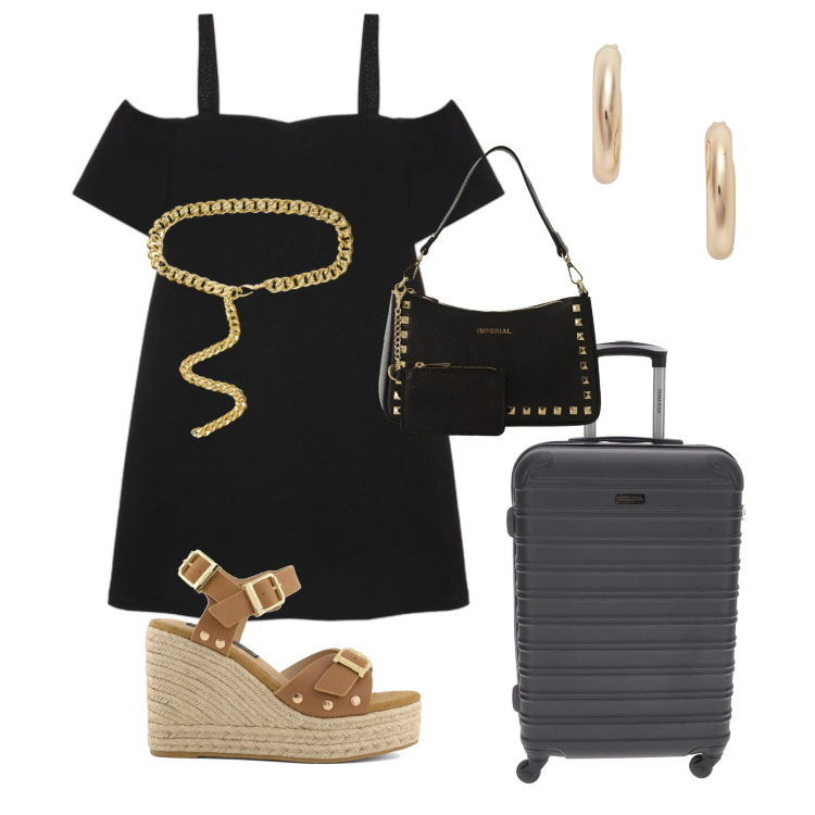 Outfit donna - Jet Set Glamour. Stile Glamour per Ufficio. Abbinamento con borse a spalla, vestiti corti, cinture, orecchini, zeppe, valigie.