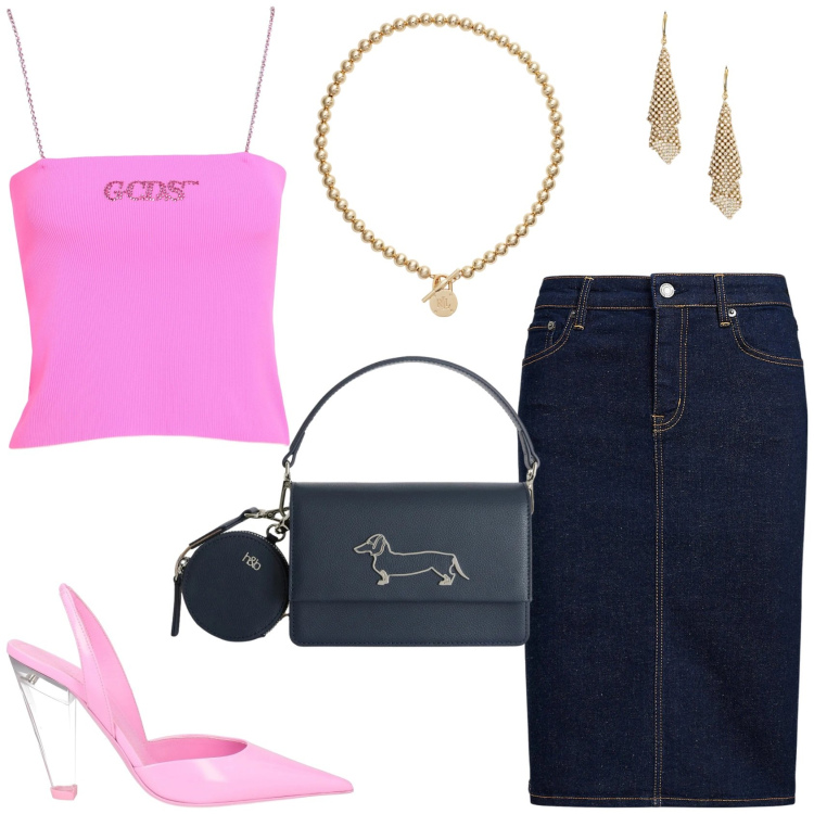 Outfit donna - Un incontro in un pomeriggio d\'estate. Stile Trendy per Serata fuori. Abbinamento con décolleté, top, borse a tracolla, gonne, collane, orecchini.