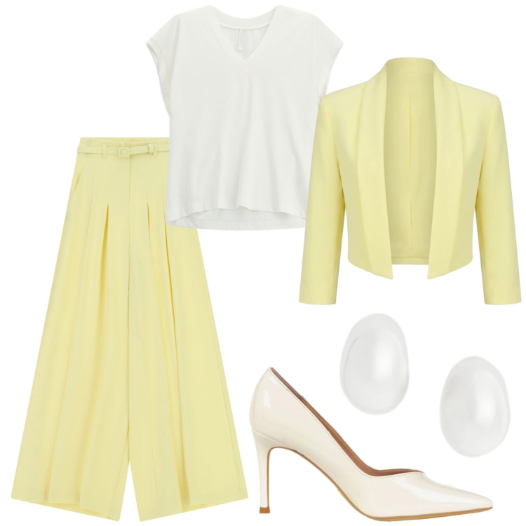 Outfit donna - Total look #2412923. Stile Minimal per Ufficio. Abbinamento con bolero, décolleté, top, pantaloni a palazzo, orecchini.