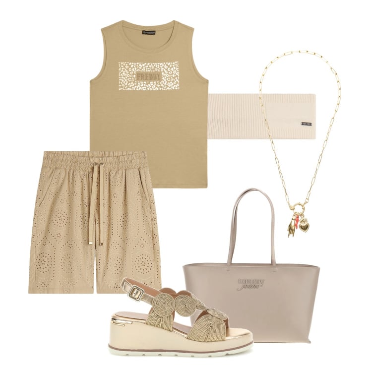 Outfit donna - Sangallo e oro Freddy. Stile Casual per Tutti i giorni. Abbinamento con bermuda, ciondoli, accessori per capelli, top, sandali col tacco, borse a spalla.