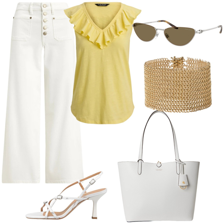Outfit donna - Voglia di sole. Stile Casual chic per Tutti i giorni. Abbinamento con sandali in pelle, jeans, top, braccialetti, occhiali da sole, borse tote.