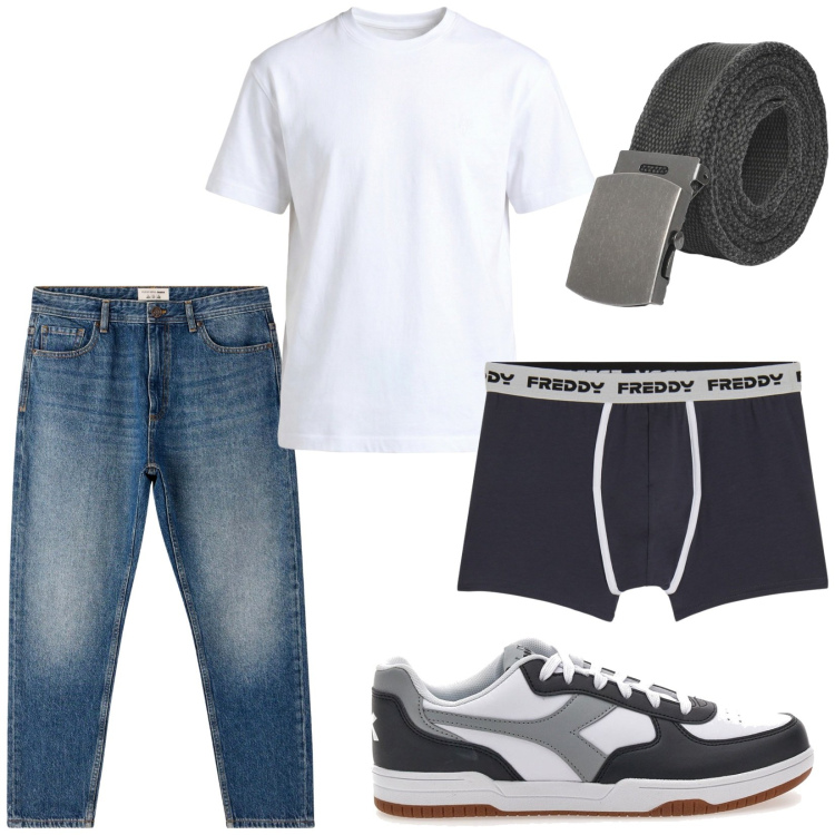 Outfit uomo - Jeans e t-shirt. Stile Casual per Tutti i giorni. Abbinamento con cinture, jeans, t-shirt, boxer, sneakers.