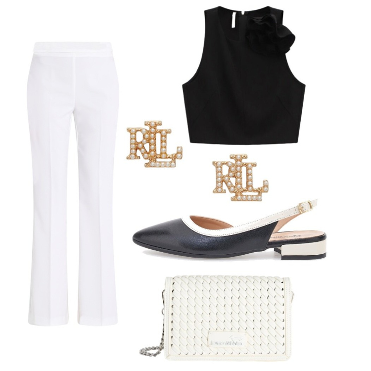 Outfit donna - Total look #2412929. Stile Casual chic per Serata fuori. Abbinamento con pantaloni, top, borse a tracolla, orecchini, ballerine.
