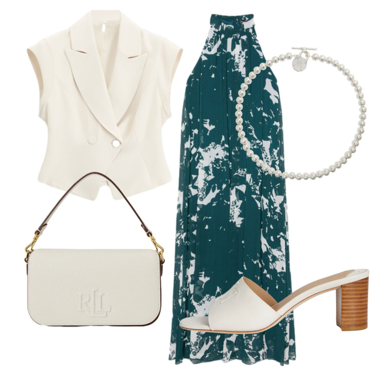 Outfit donna - Total look #2412933. Stile Chic per Cerimonia. Abbinamento con gilet, vestiti lunghi, sandali in pelle, collane, borse a spalla.