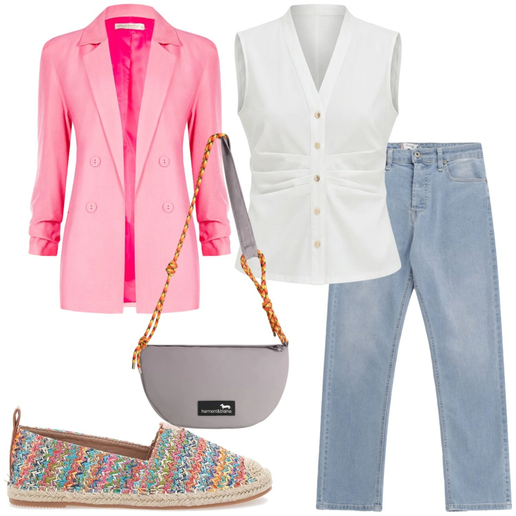 Outfit donna - Rosa baby. Stile Sporty chic per Tutti i giorni. Abbinamento con camicie a manica corta, blazer, borse a tracolla, jeans, espadrillas.